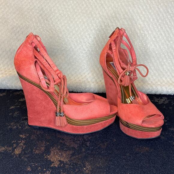 Jennifer Lopez Pink Salmon Wedge Heels w/ strap 7 Medium - Picture 1 of 10